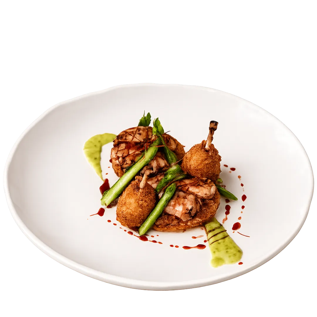 Quaglia in due cotture con asparagi, polenta e riduzione di Sangiovese
