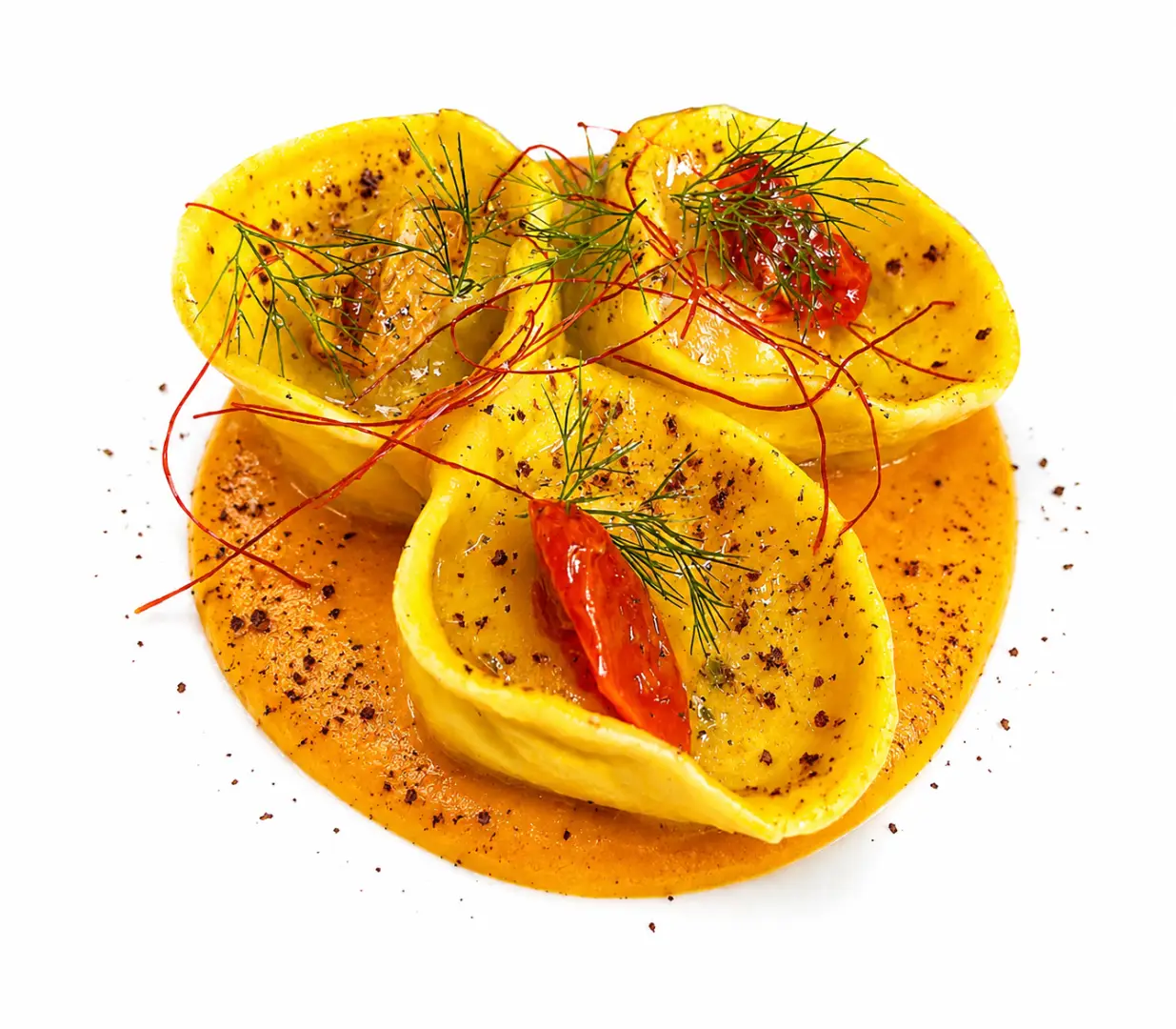 Ravioli di cinghiale brasato con crema di zucca, cacao e arancia